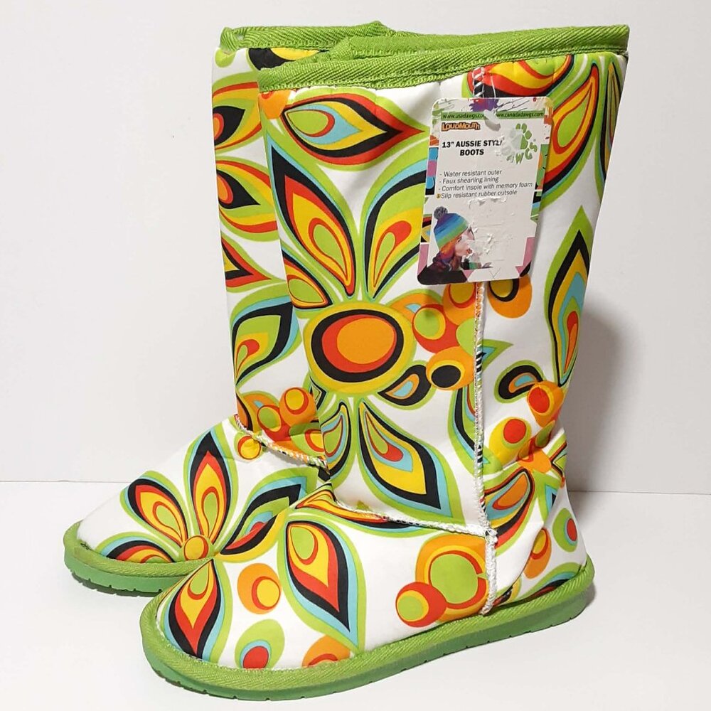 Loudmouth DAWGS Aussie Style BOOTS Shagadelic White Faux Shearling Womens 5 NEW